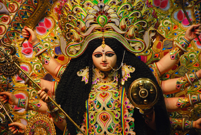 Close-up of a hand-painted fiberglass Durga idol face – Fiberglass Durga, Kolkata