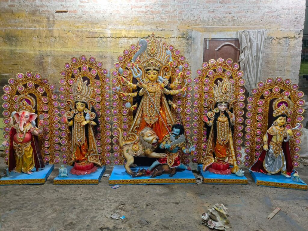 5 chala fiberglass Durga idol set with separate figures of Ganesh, Lakshmi, Durga, Saraswati and Kartik in our Kolkata workshop