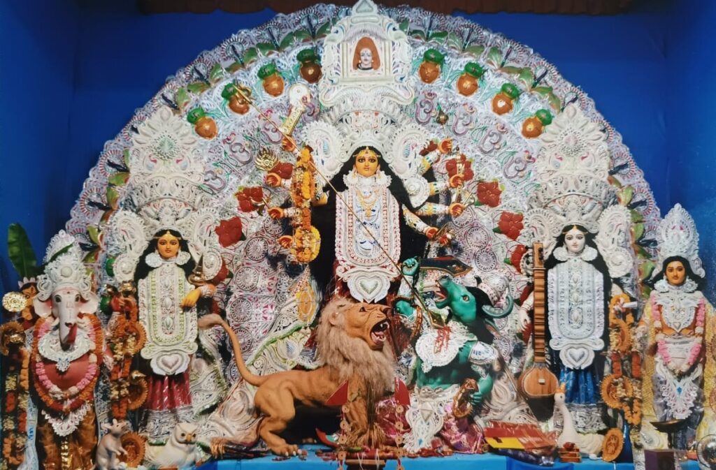 Traditional ek chala fiberglass Durga idol with white shola-style chala – Fiberglass Durga, Kolkata